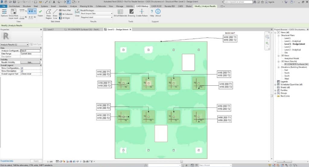 Design intent regions for top and bottom reinforcement, T1/T2